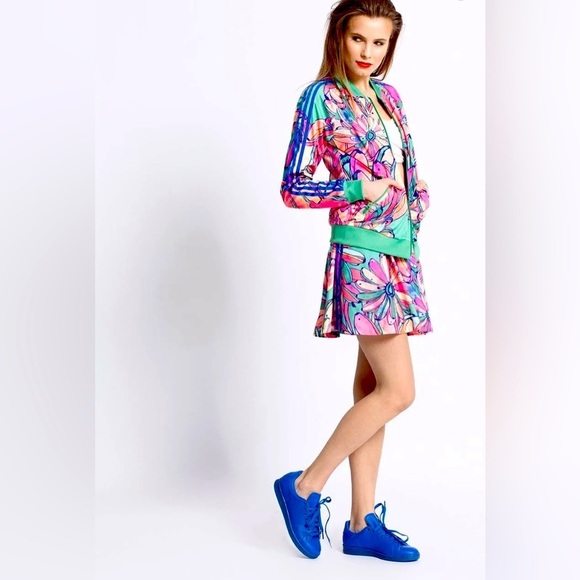 Adidas Originals x Farm Bananas Flared mini Skirt S tropical floral pink NWOT - Picture 4 of 13